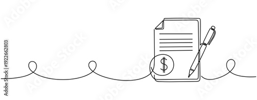 Financial document outline with pen and dollar symbol in minimal line art style. No editable stroke