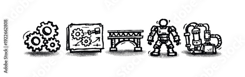 Hand-drawn set of engineering and industrial design icons, representing mechanics, robotics, and infrastructure.