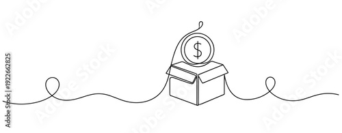 Minimalist line art of dollar coin exiting box symbolizing financial growth. No editable stroke