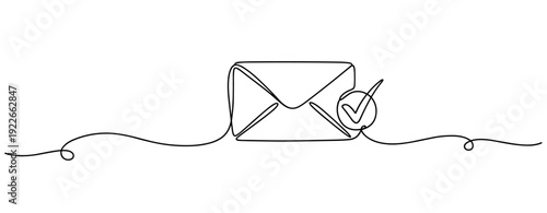 Minimalist continuous line drawing of envelope with check mark. No editable stroke