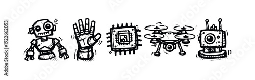Robotics, AI, and Future Technology Icons Set - Hand Drawn Sketch