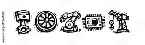 Mechanical Engineering and Industrial Automation Hand Drawn Icons Set