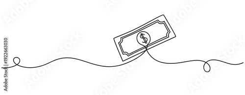 Continuous line drawing of dollar bill on a hook. No editable stroke
