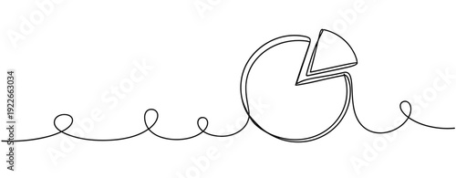 Continuous line drawing of pie chart with detached slice on white background. No editable stroke