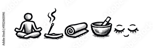 Hand-Drawn Yoga and Mindfulness Icons with Halftone Texture