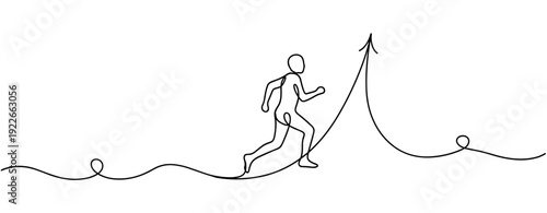Abstract line drawing of person running along a rising arrow path. No editable stroke