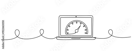 Minimalist drawing of laptop with speedometer indicating internet connectivity and speed. No editable stroke