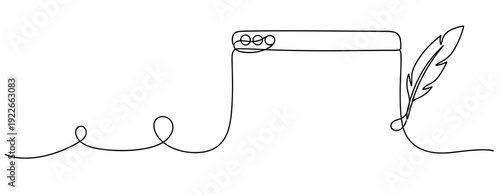 Continuous line art of writing desk with quill and piece of paper. No editable stroke