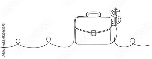 Continuous line drawing of briefcase with dollar symbol for business and finance theme. No editable stroke