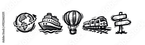 Monochrome World Travel and Transportation Hand-Drawn Icons
