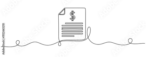 Continuous line art of financial document with dollar sign for business concepts. No editable stroke