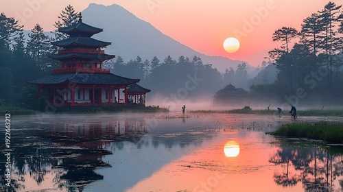 Sunrise over Misty Lake and Pagoda