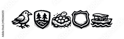 Nature and National Park Conservation Icons: Bird, Forest Emblem, Bird Nest, Shield, and National Park Boat