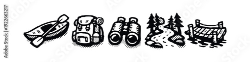 Outdoor Adventure and Exploration Icons Set: Canoe, Backpack, Binoculars, Forest Path, and Suspension Bridge