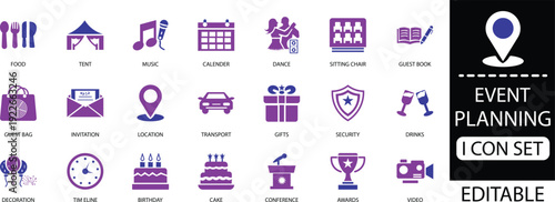 event planning icon set - solid icon collection illustration design. Transforming visions into unforgettable events through meticulous planning, creative design, seamless coordination, and exceptional