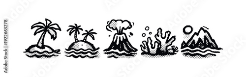 Island Paradise and Ocean Life Icons: Palm Tree Island, Erupting Volcano, Coral Reef, and Scenic Mountain