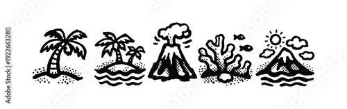 Tropical Island and Volcanic Landscape Icons: Palm Trees, Volcano, Coral Reef, and Mountain Sunrise