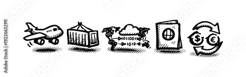 Global Business, Logistics, and International Trade Icons Set in Hand-Drawn Style