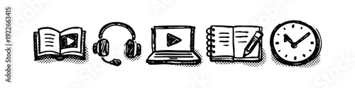 Online Education and Multimedia Learning Doodle Icon Collection