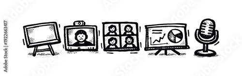 Online Meeting, Video Conference, and Presentation Doodle Icons