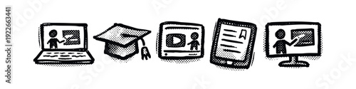 Online Education and E-Learning Concept Icons - Hand-drawn Halftone Style Set