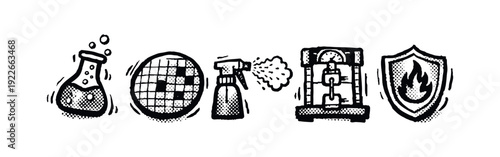 Laboratory, Science, and Safety Equipment Hand-drawn Halftone Icons