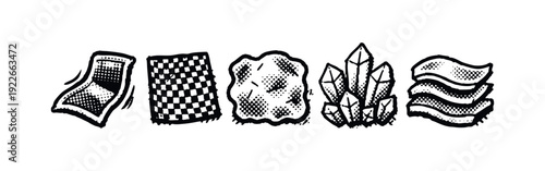 Diverse Textures, Materials, and Geological Icons - Hand-drawn Halftone Style