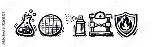 Science Lab, Industrial Testing, and Safety Icons - Hand-drawn Halftone Set