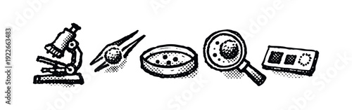 Laboratory Equipment and Scientific Tools Hand-Drawn Icons Set with Halftone Effect.