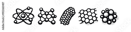 Hand-drawn scientific and molecular structures icons set.