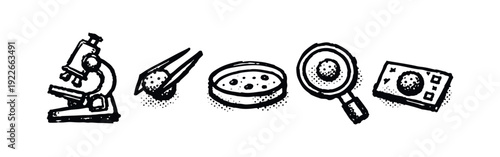 Hand-drawn laboratory equipment and research tools icons set.