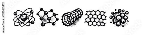 Scientific and Nanotechnology Structures Hand-Drawn Icons Set with Halftone Effect.