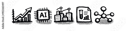 Hand-drawn business, technology and scientific development icons set.