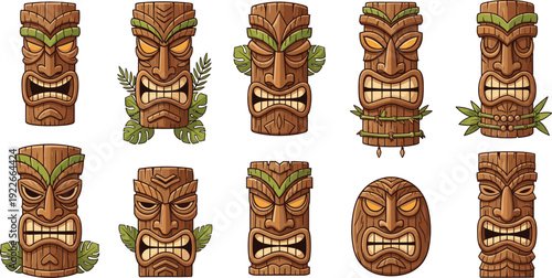 Wooden tiki mask totem collection with tribal carvings and tropical elements for game asset and cultural decoration vector illustration set.