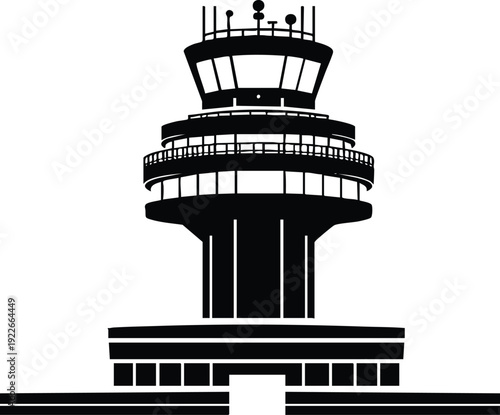 Airport control tower silhouette modern air traffic management building vector illustration for aviation industry and transportation concepts isolated on white background