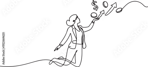 Continuous one line drawing businesswoman hang in the clouds. Hoping for success, financial freedom, winning business project, achievement concept. one line Icon drawing