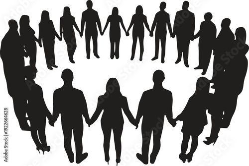 Diverse people holding hands in circle silhouette, unity teamwork community support concept, social connection partnership collaboration isolated on white background
