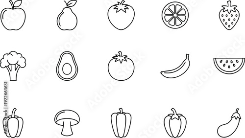 A collection of various fresh fruit and vegetable icons in line art style