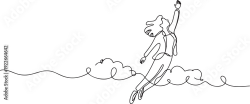 Continuous one line drawing businesswoman hang in the clouds. Hoping for success, financial freedom, winning business project, achievement concept. one line Icon drawing