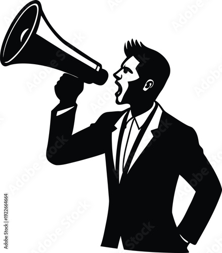 Man with megaphone energetically addressing a crowd, amplifying messages of protest, activism, or public announcement.