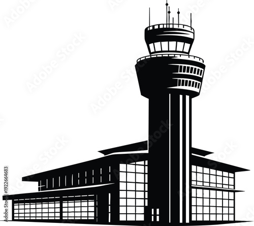 Modern airport control tower building air traffic control communication center vector illustration for aviation industry and travel concepts isolated on white background