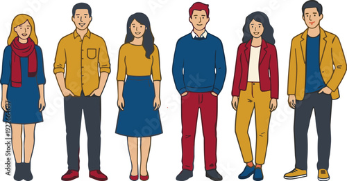 Diverse young adults standing together, casual fashion people illustration set, modern multicultural group portrait isolated on white background design