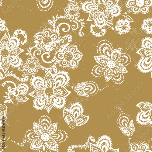 Vintage lace floral seamless pattern on mustard background, perfect for textile print for fabric, seamless pattern