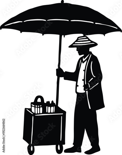 Street vendor with umbrella selling goods on a sunny day, offering a glimpse into vibrant local commerce and city life.