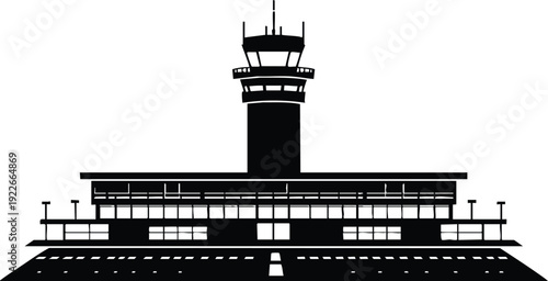 Airport control tower silhouette modern aviation building illustration for travel and transport concepts isolated on white background