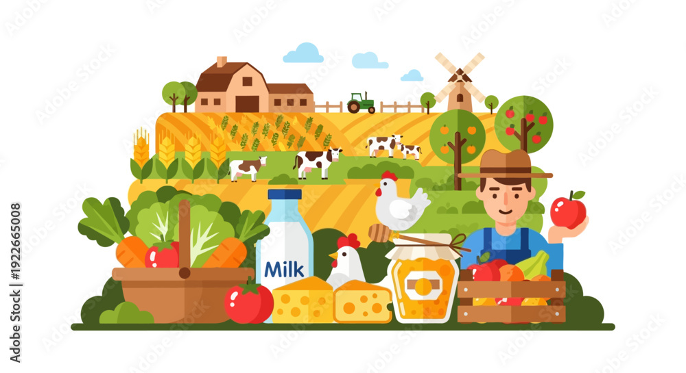Obraz premium Happy Farmer with Fresh Farm Products and Rural Landscape. Agriculture, Organic Food, Cow, Vegetables, Milk, and Honey Flat Vector Illustration.