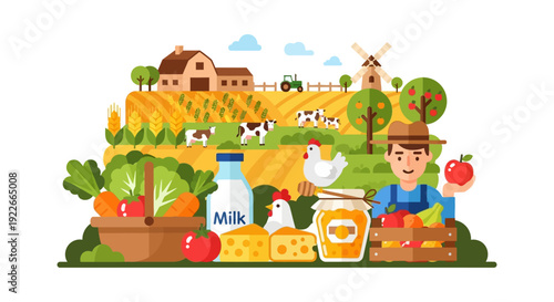 Happy Farmer with Fresh Farm Products and Rural Landscape. Agriculture, Organic Food, Cow, Vegetables, Milk, and Honey Flat Vector Illustration.