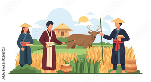 Asian Family Farming Tradition: People in Rice Field with Deer, Harvesting Grain Vector Illustration
