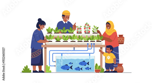 Diverse Family Engages in Aquaponics Farming System. Sustainable Urban Agriculture and Hydroponics Technology Vector Illustration.