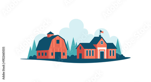 Rural American Farm and Community Buildings. Classic Red Barn, Farmhouse, and School in Modern Flat Design Vector Illustration on White.